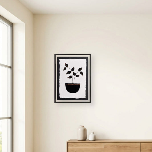 Textile Picture - Black Pot with Stems and Leaves - Wall Art