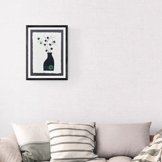 Textile Picture - Black Vase, Stems and Circle Flowers - Wall Art