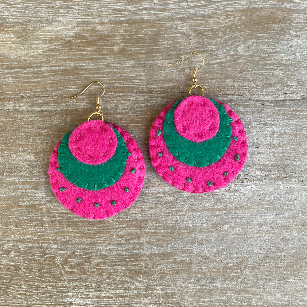 Handstitched Natural Felt Earrings - Cerise Pink and Emerald
