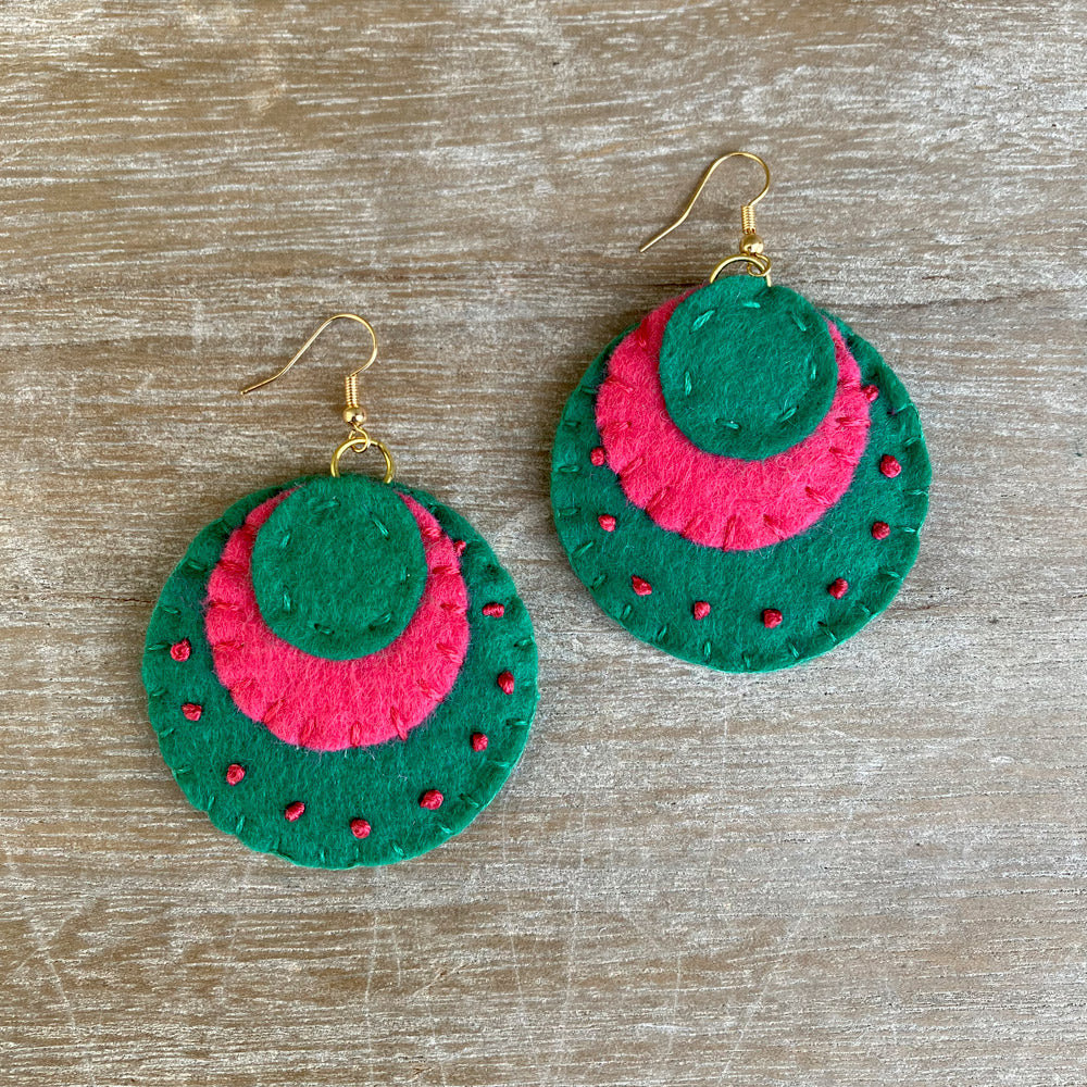 Handstitched Natural Felt Earrings - Emerald and Cerise Pink