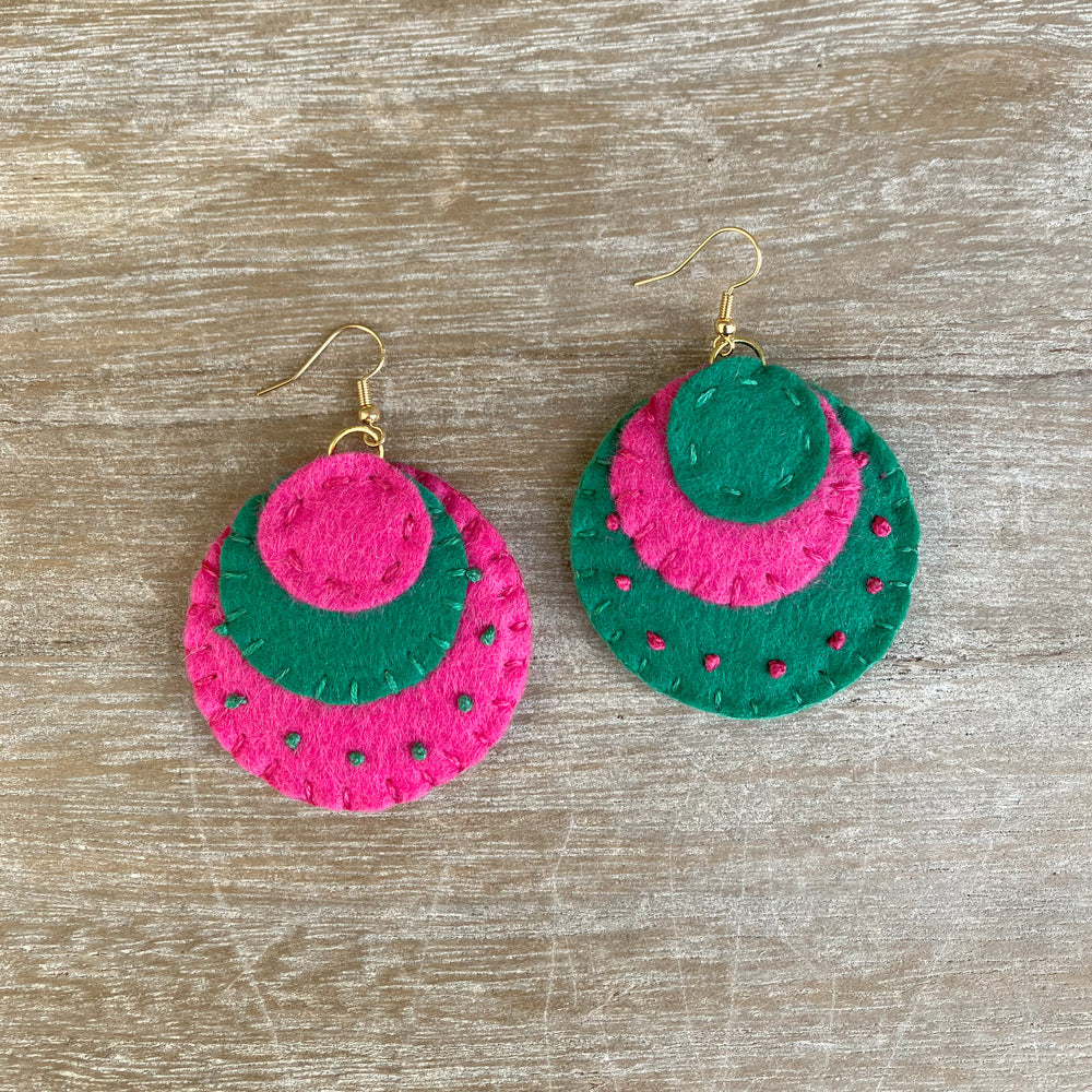 Handstitched Natural Felt Earrings - Cerise Pink and Emerald