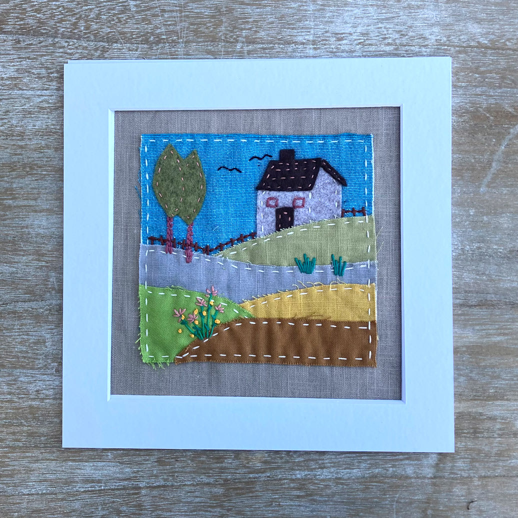 Slow Stitch Embroidery Sewing Kit - House On The Hill picture. Cotton, linen and upcycled fabrics.