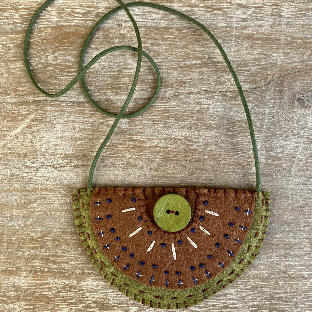 Hand stitch natural felt necklace with button. brown and green.