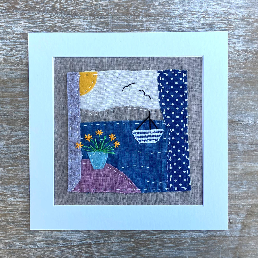 Slow Stitch Embroidery Sewing Kit. Sailing Picture Design. Sew in natural fabrics and thread.