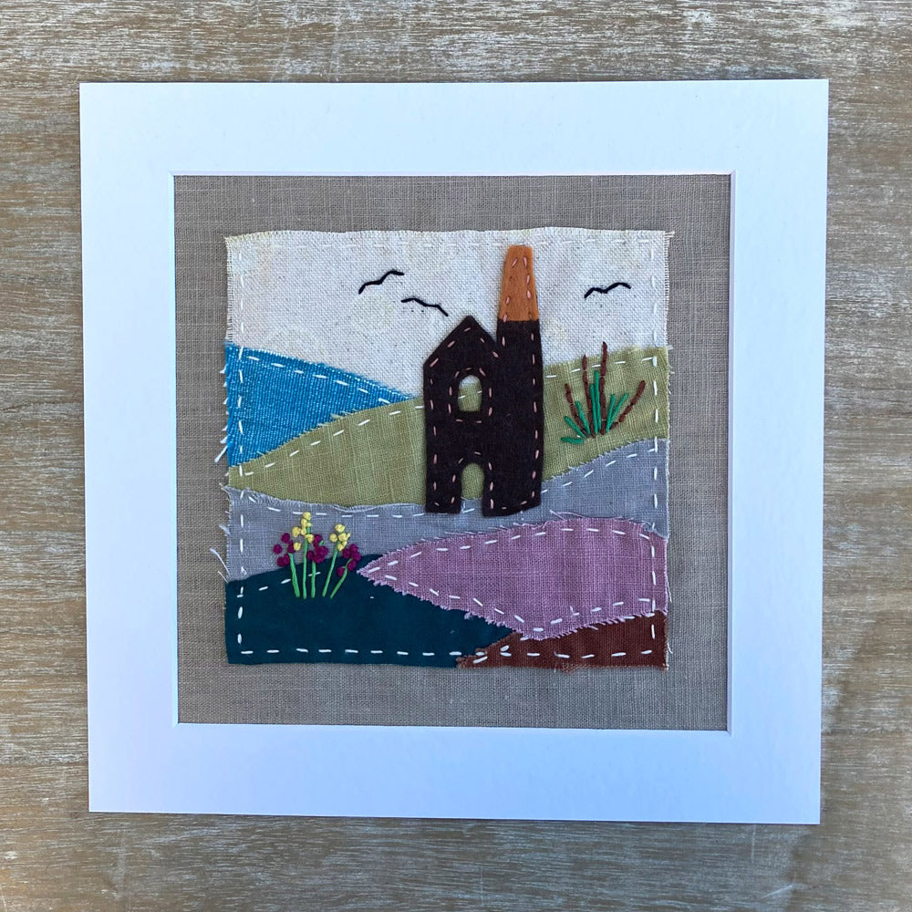 Slow Stitch Embroidery Sewing Kit, Cornish Tin Mine Picture. Linen, cotton and natural felt.