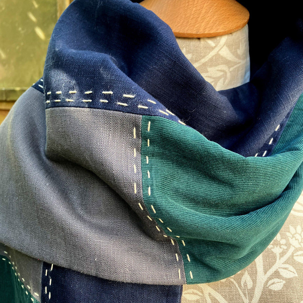 Scarf - Hand Slow Stitched Navy/Grey/Green