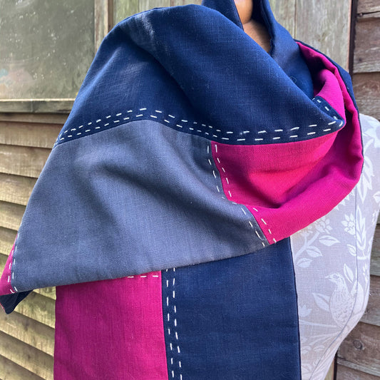 Scarf - Hand Slow Stitched Navy/Grey/Magenta