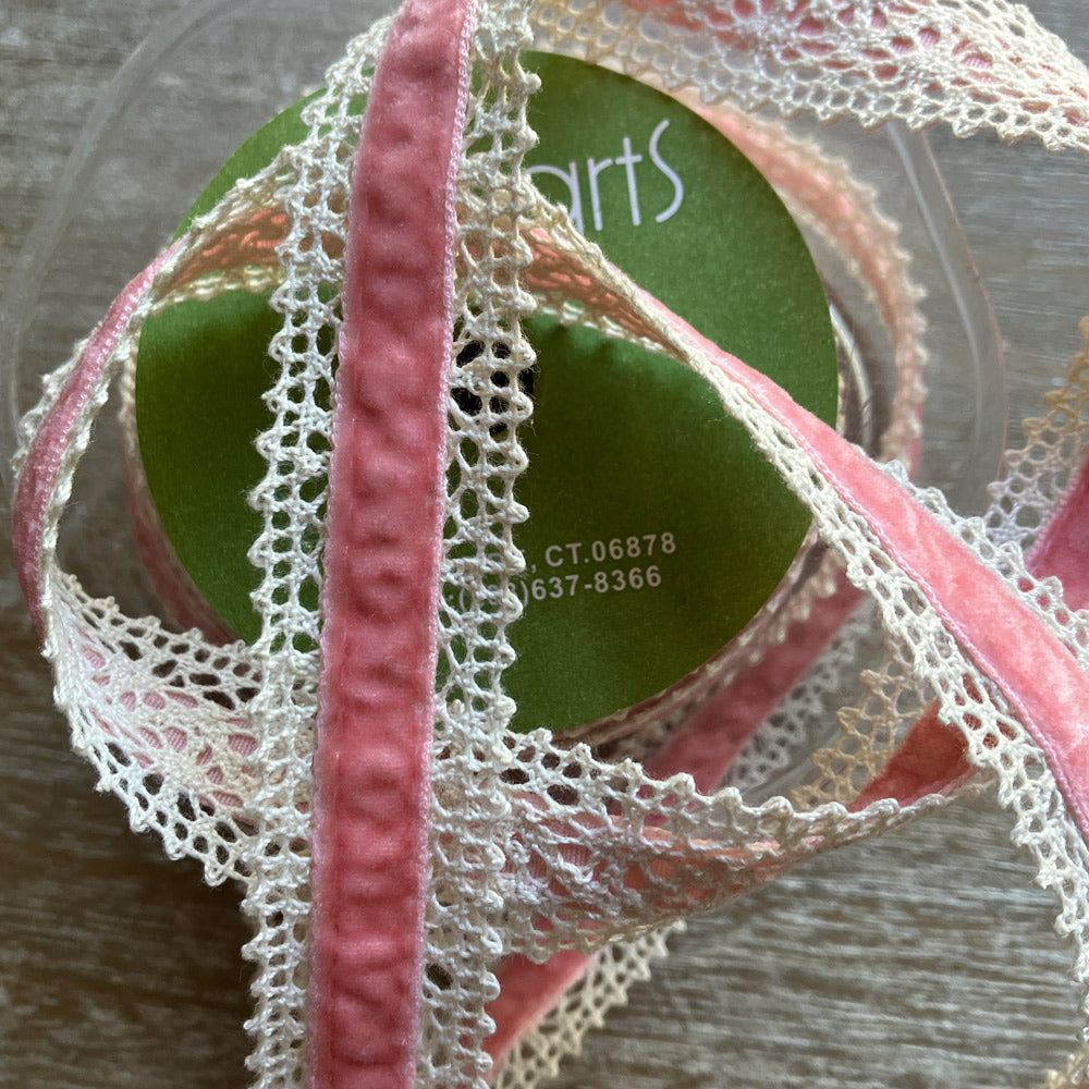 Pink Velvet Ribbon on Ecru Cotton Lace