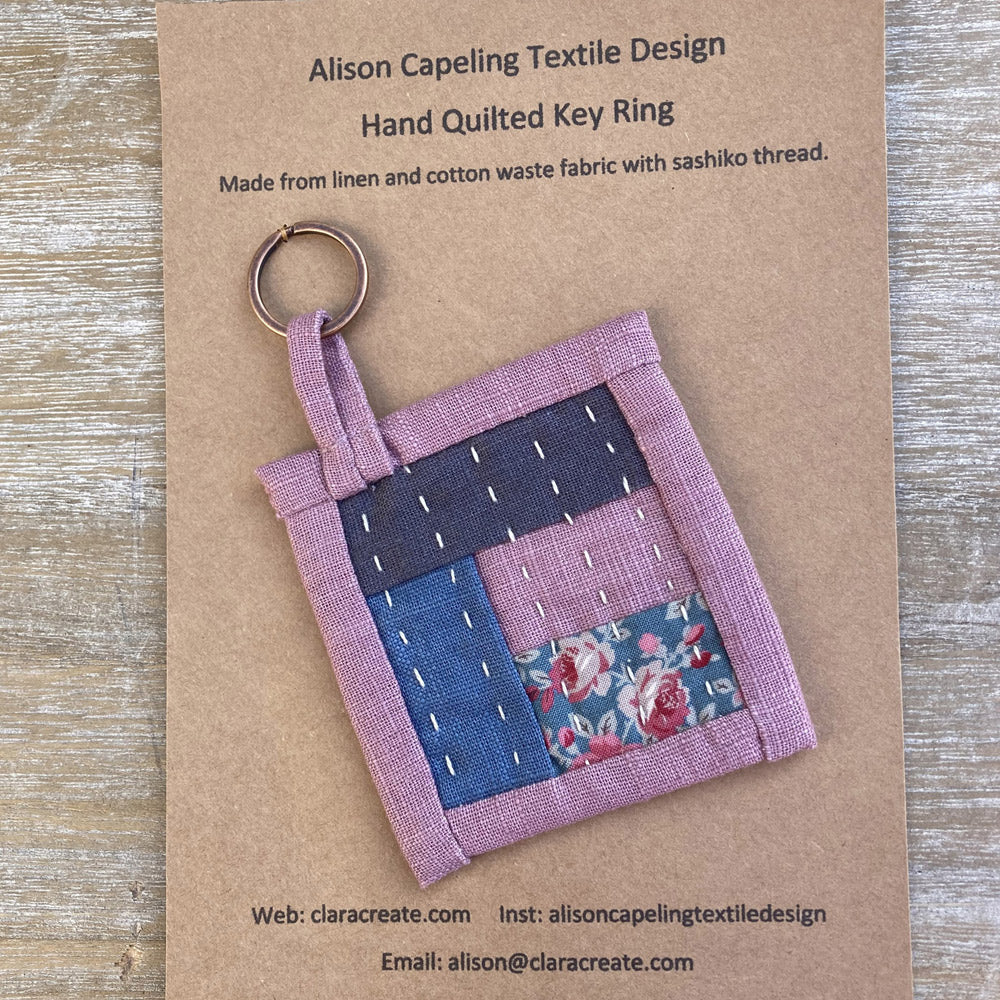 Hand quilted key ring. Sewn from natural linen and cotton fabric. Slow stitch.
