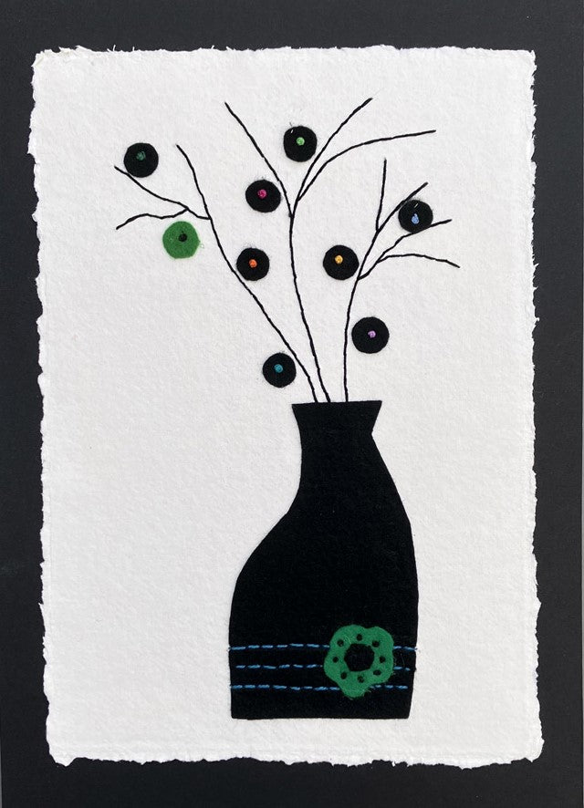 Textile Picture - Black Vase, Stems and Circle Flowers