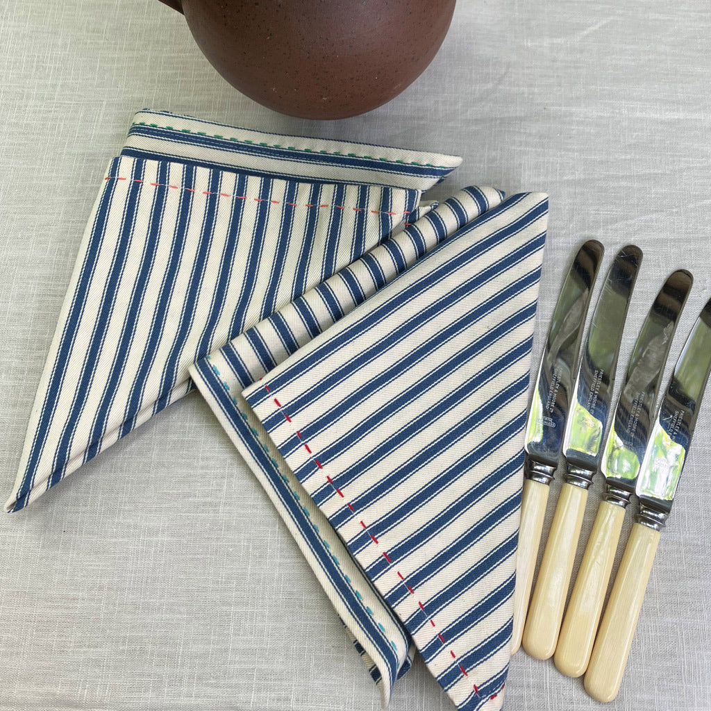 Cotton, Ticking Stripe Tablecloth and Napkins