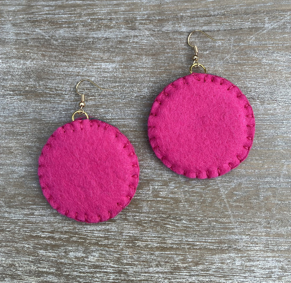 Handstitched Natural Felt Earrings - Cerise Pink and Emerald