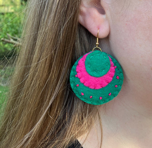 Handstitched Natural Felt Earrings - Emerald and Cerise Pink