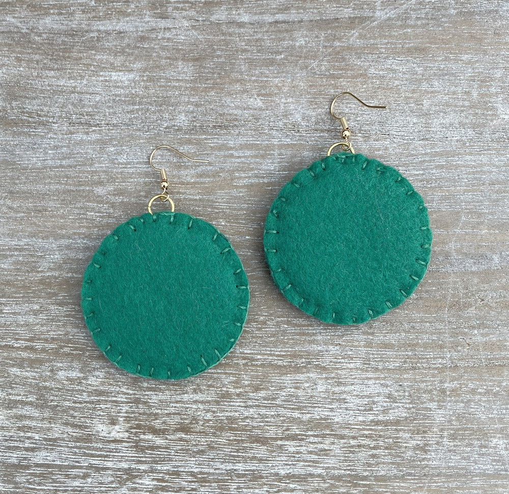 Handstitched Natural Felt Earrings - Emerald and Cerise Pink