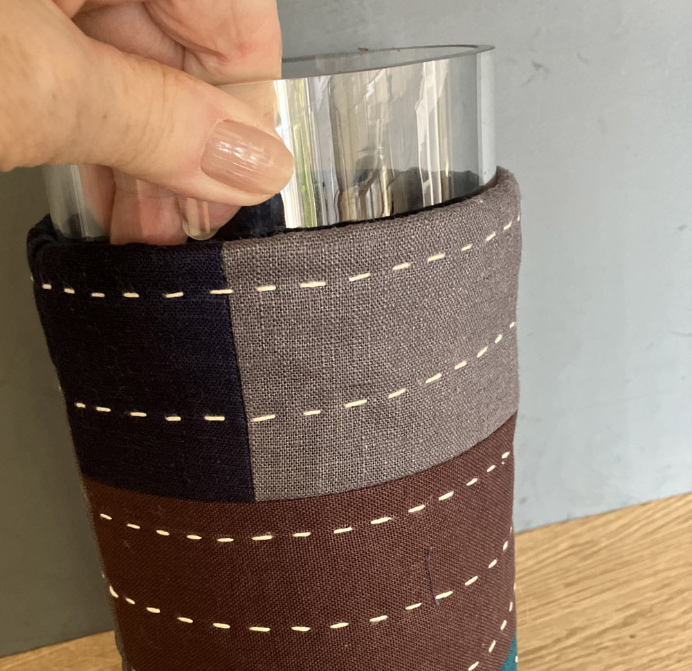 Vase Cover. Hand slow stitched in linen and cotton.
