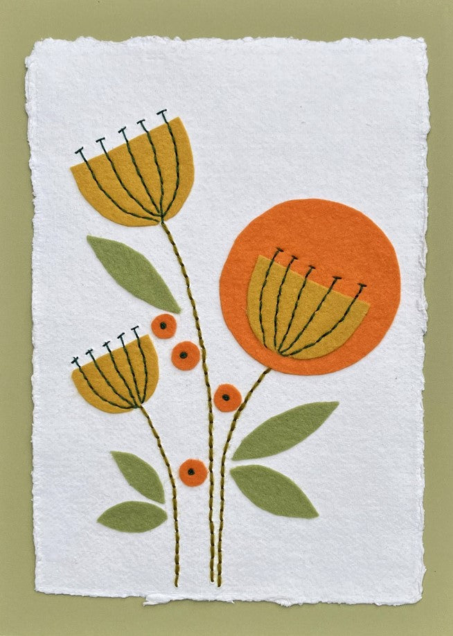 Textile picture - Gold Flower Heads and Green Leaves