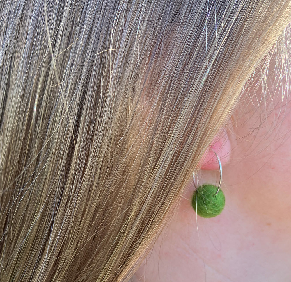 Pom Pom Hoop Earrings - Green