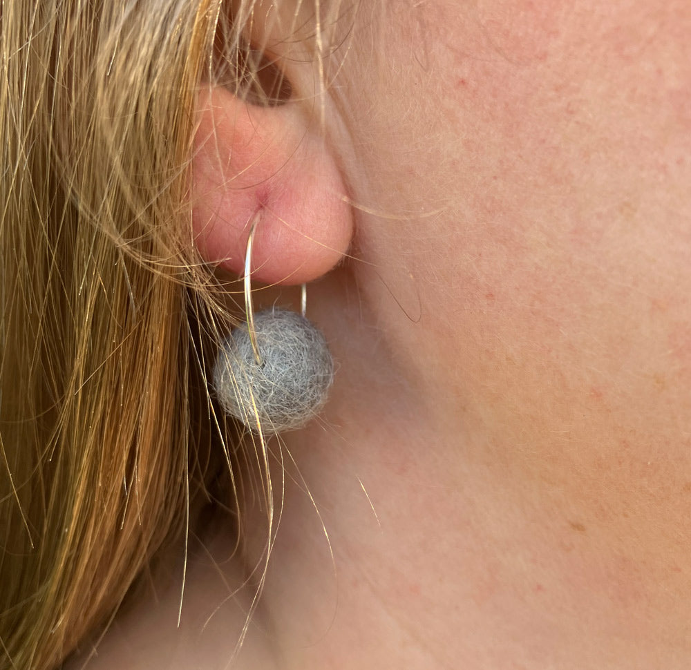 Felted Wool Pom Pom, Hoop Earrings. Grey.