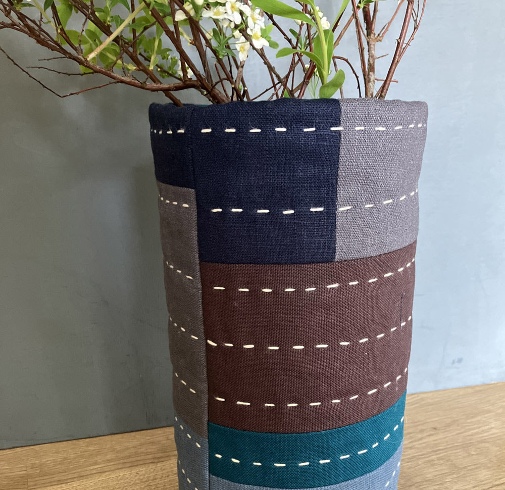 Vase Cover. Hand slow stitched in linen and cotton.