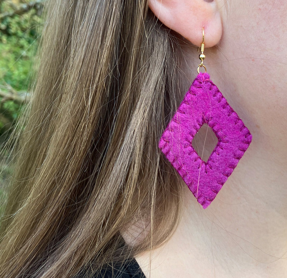 Magenta natural felt earrings, diamond shape with gold plated hooks