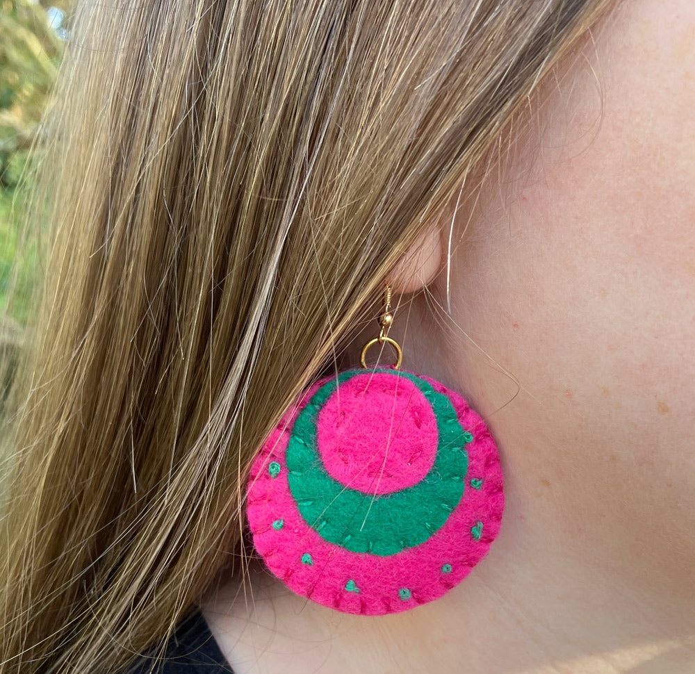 Handstitched Natural Felt Earrings - Cerise Pink and Emerald