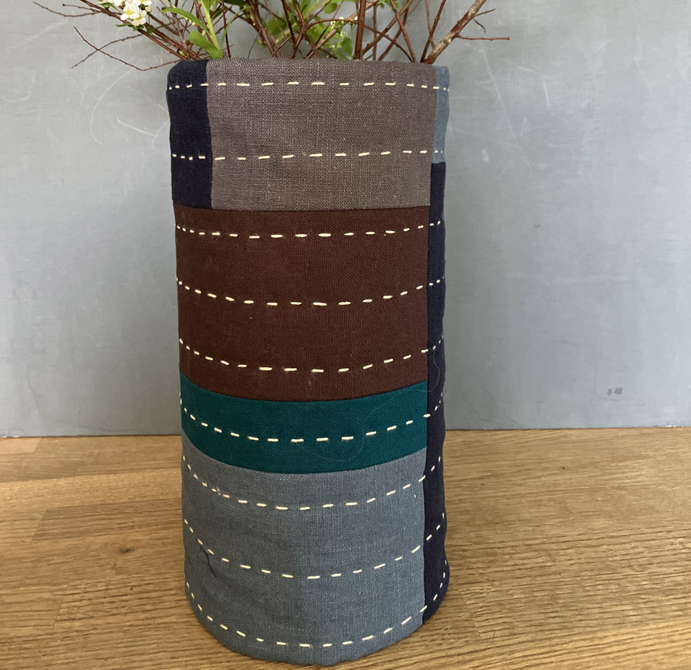 Vase Cover. Hand slow stitched in linen and cotton.