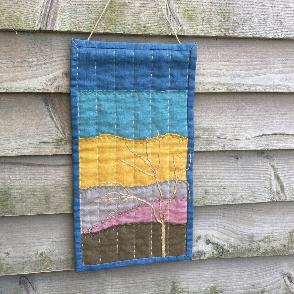 Handmade collage picture. Stitched from linen off-cuts, natural string, sashiko cotton thread