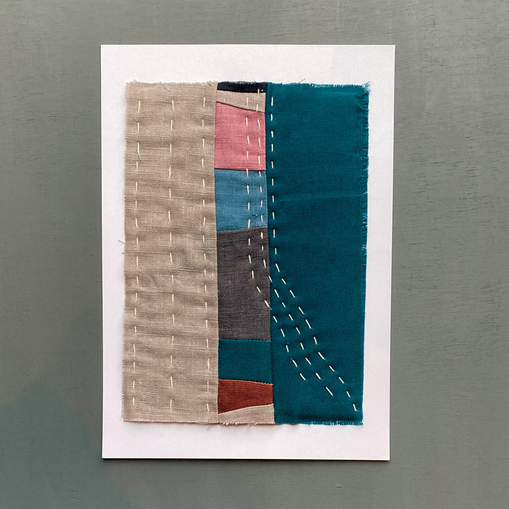 Hand stitched contemporary fabric wall art.