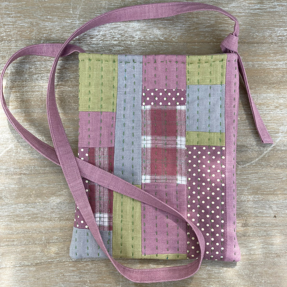 Shoulder bag made from linen, cotton and upcycled fabric. pinks and green. Sewn in slow stitch.