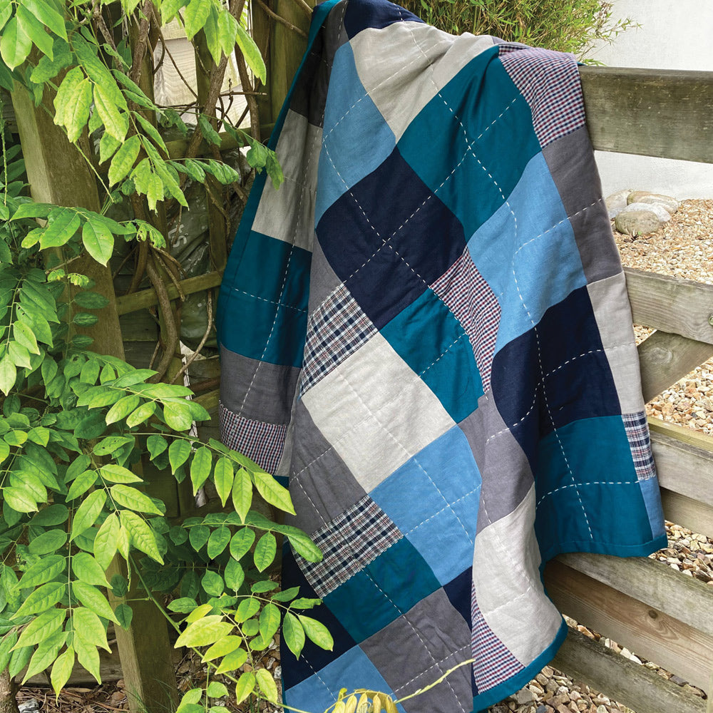 Contemporary Art Quilted throw blanket. linen and cotton fabric.