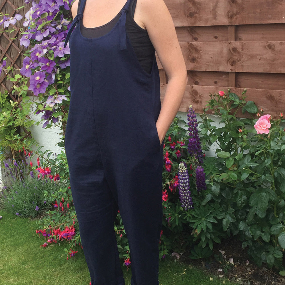 Womens, navy, natural fabric dungarees