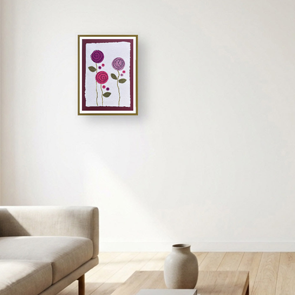 Textile picture - Contemporary Pink Flowers Heads - Slow Stitch Wall Hanging