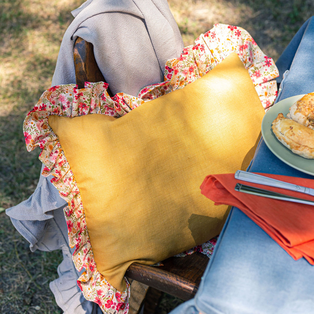 Gold Linen Frilled Cushion