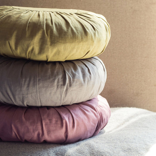 Round Linen Cushion in Heather Pink colour stack