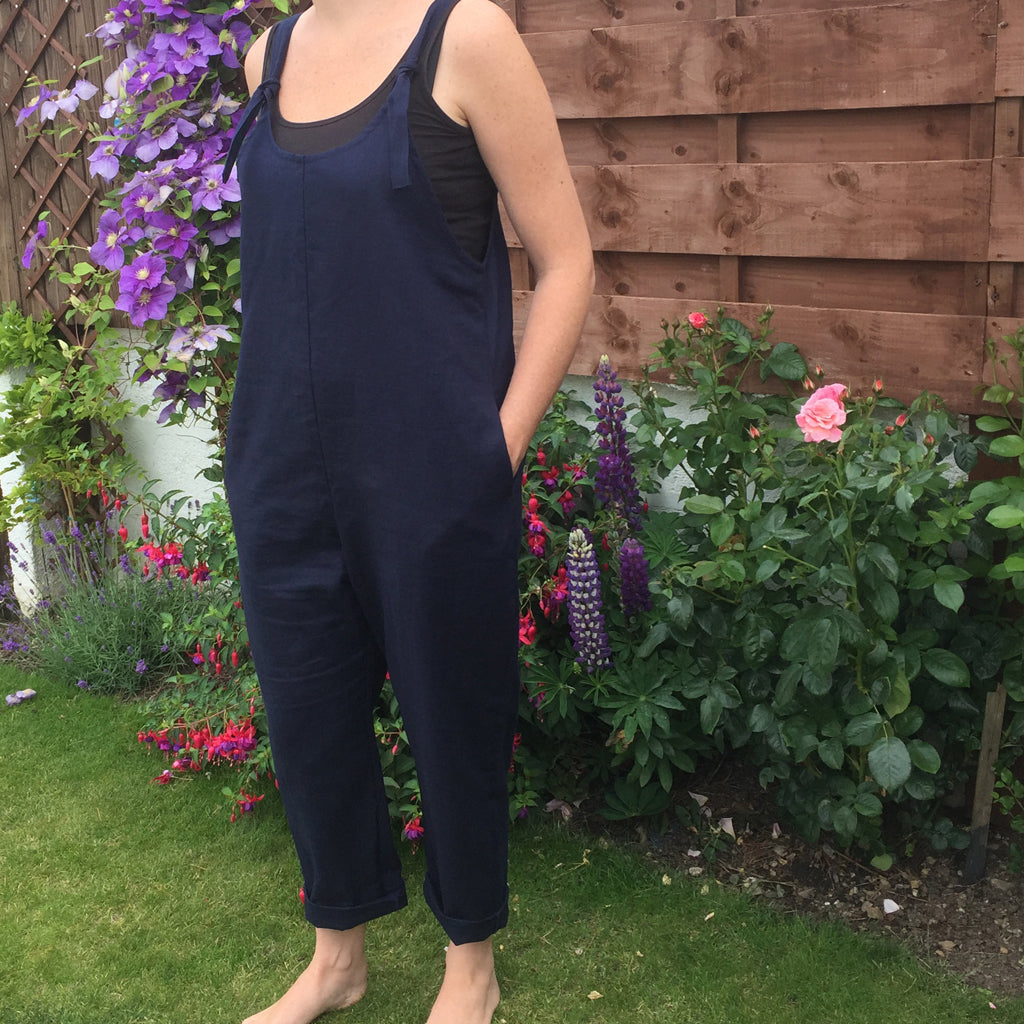 Navy Handmade Dungarees in Natural Fabric
