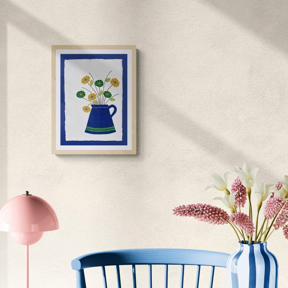 Textile picture - Blue Jug with Flowers