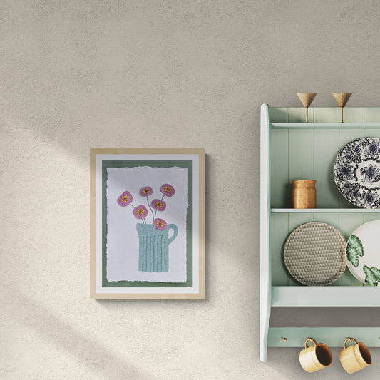 Textile Picture - Green/Blue Jug with Contemporary Flowers