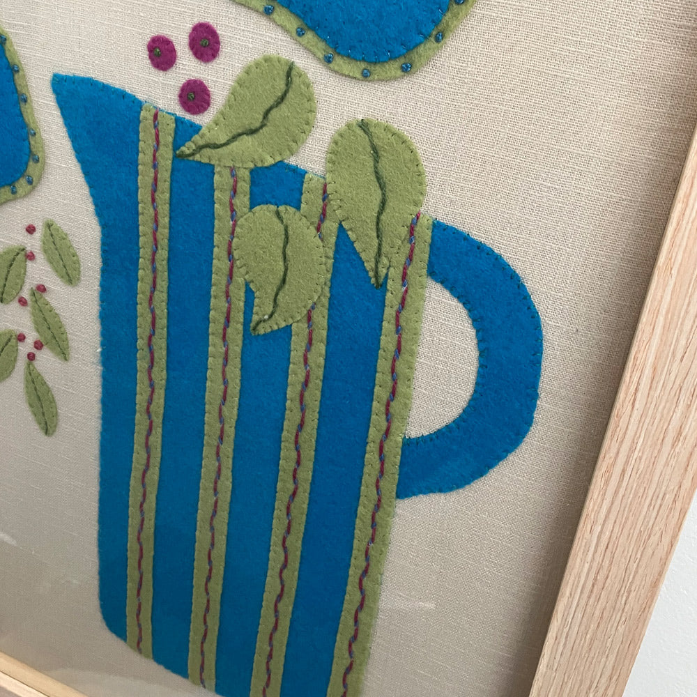 Textile Art Wall Hanging – Blue Stripe Jug - Large Oblong Slow Stitch Picture
