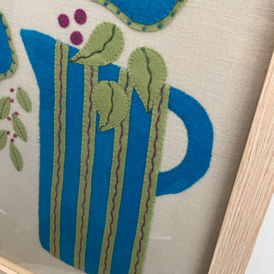 Textile Art Wall Hanging – Blue Stripe Jug - Slow Stitch Picture