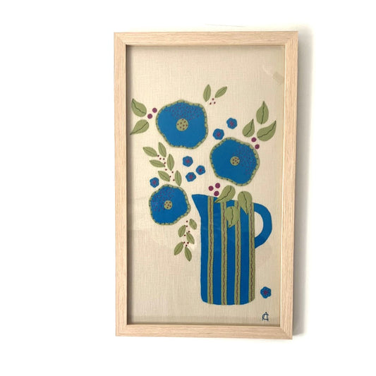 Textile Art Wall Hanging – Blue Stripe Jug - Slow Stitch Picture