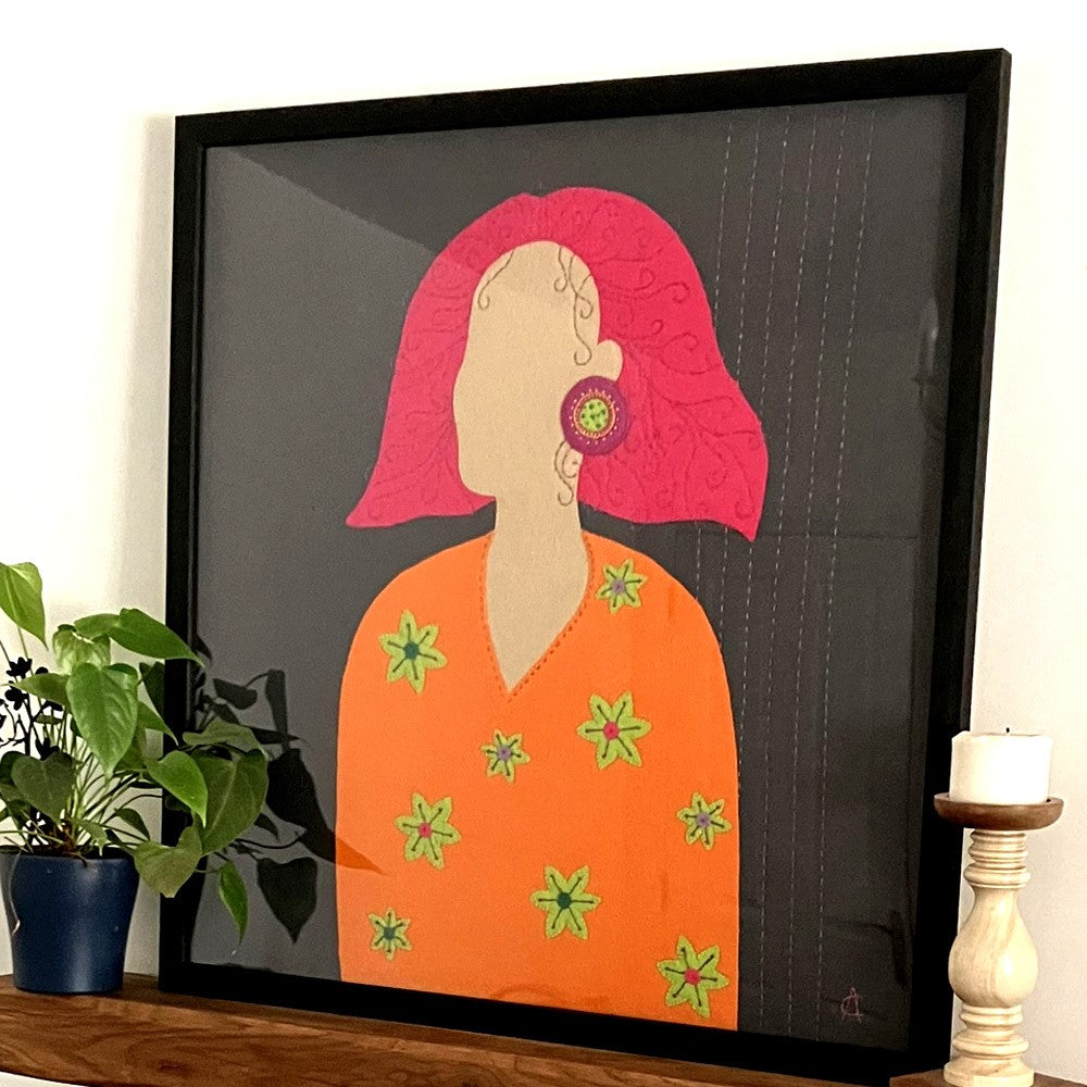 Textile Art Wall Hanging – Lily the Pink - Large Slow Stitch Picture