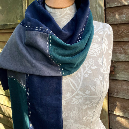 Scarf - Hand Slow Stitched Navy/Grey/Green