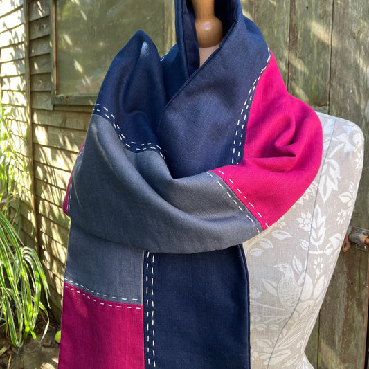 Scarf - Hand Slow Stitched Navy/Grey/Magenta
