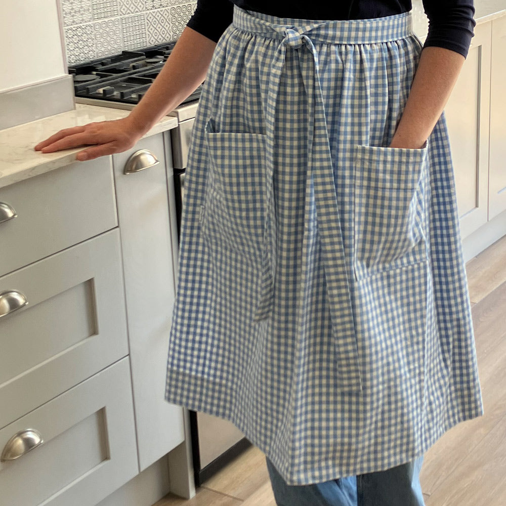 Gathered Half Apron - Blue and White Gingham