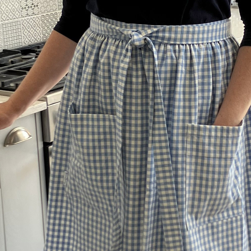 Gathered Half Apron - Blue and White Gingham