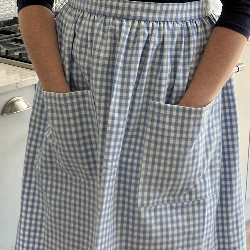 Gathered Half Apron - Blue and White Gingham