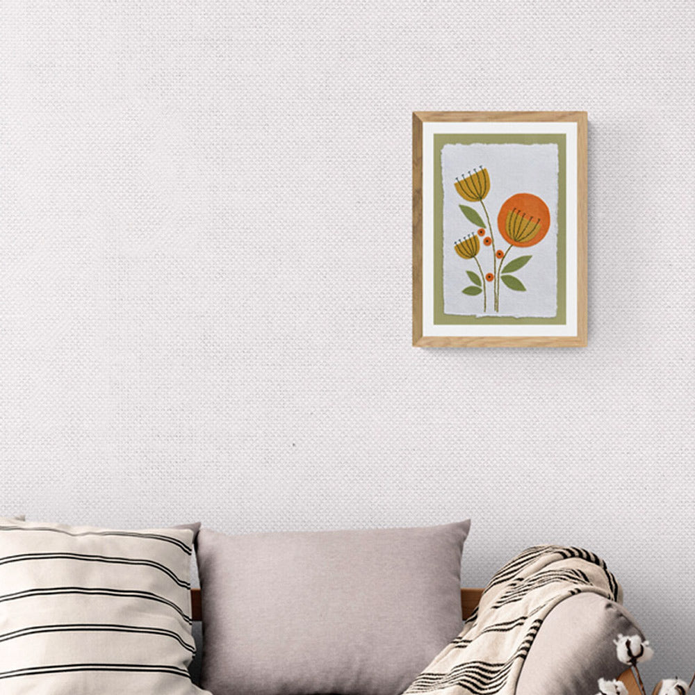 Textile picture - Gold Flower Heads and Green Leaves