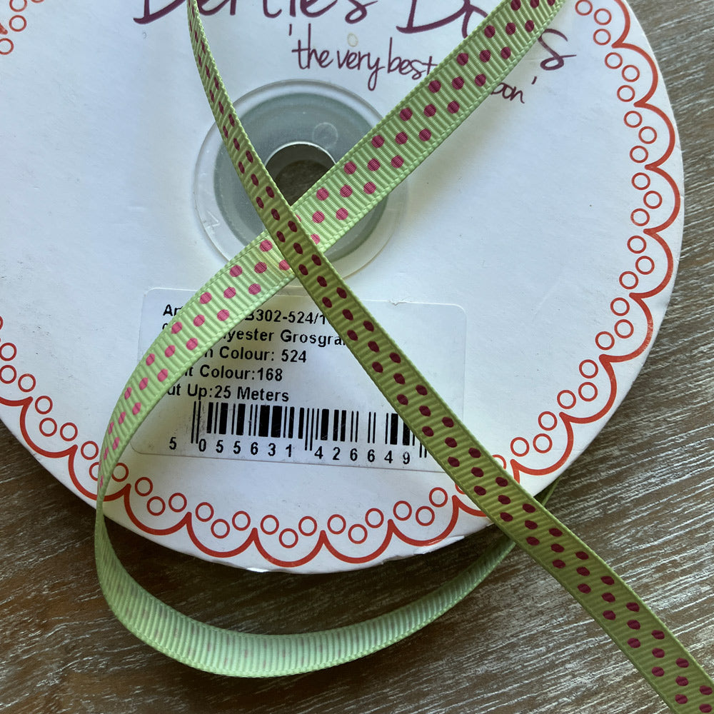 Ribbon - Green with Pink Dots