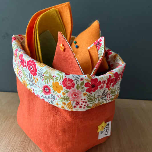 Children's handmade sewing bag with accessories. Pin cushion, needle case, tape measure, thimble. Orange natural fabric