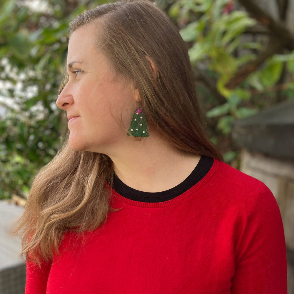 Christmas Tree earrings made from natural felt and embellished with pearl and gold beads. Lightweight and comfortable to wear.
